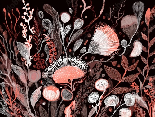 Expressive Floral Doodle Background with Organic Forms and Delicate Details in Soft Color Palette