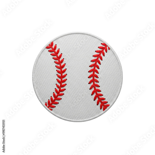 hyper-detailed macro view of an embroidered round baseball patch, featuring precise red satin stitching and visible white woven texture, isolated on a transparent background. concept of high-quality