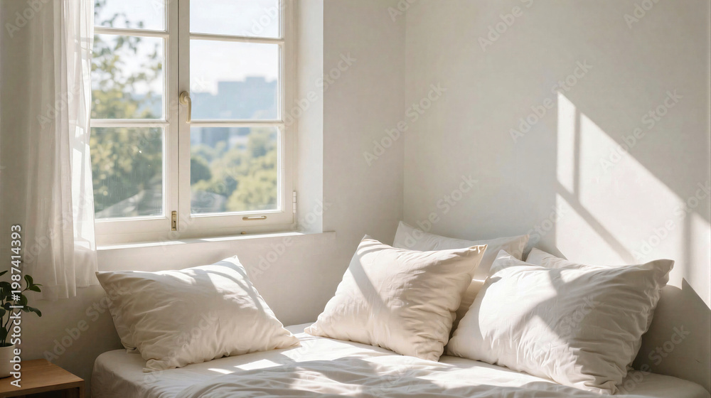Fototapeta premium bright morning window sunlight falling on pillows calm and fresh room clean minimalist decor cinematic natural light.