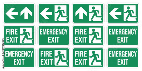 Vector illustrations of various green emergency exit signs, depicting running figures, directional arrows, and safety text for clear evacuation routes