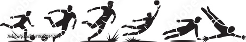 Silhouettes of soccer players performing various dynamic actions and saves.