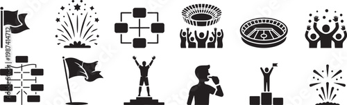 Diverse black silhouette icons represent football events and celebrations.