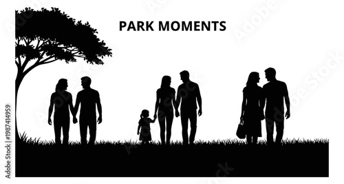 Silhouettes of couples and child walking in park during daytime with grass and tree
