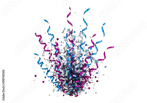 dynamic explosion of sharp holographic silver, blue, and magenta foil confetti and twisting ribbons, frozen in mid-air motion against a transparent background. concept for instant joyful celebration