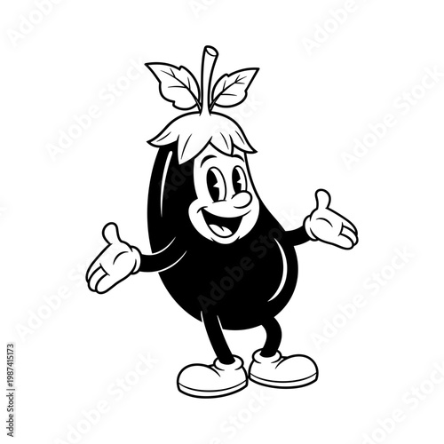 Vintage Cartoon Eggplant Mascot Waving Happy Black and White Illustration