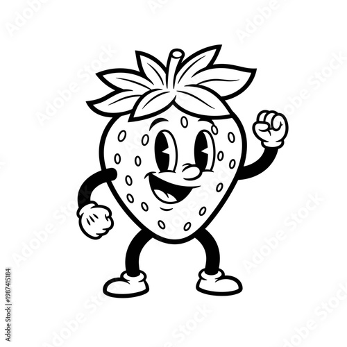 Vintage Cartoon Strawberry Mascot Waving Fist Happy Black and White Illustration