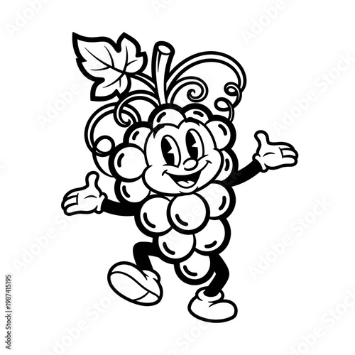 Vintage Cartoon Happy Grape Bunch Mascot Waving Black and White Illustration