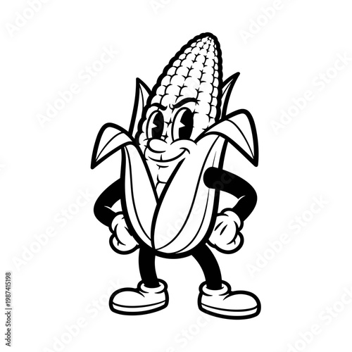 Vintage Cartoon Corn Cob Mascot Confident Stance Black and White Illustration