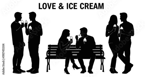 Silhouettes of couples enjoying ice cream cones during a warm day in a park setting