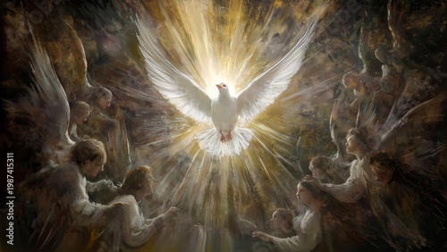 Holy Spirit (Dove) surrounded by Angels - Oil painting (Printable) HD [16:9]