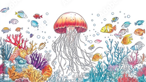 Vibrant underwater scene with jellyfish, coral reefs and assorted colorful fish
