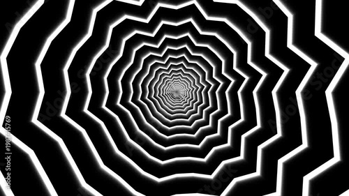 Black and white spiral tunnel abstract optical illusion hypnotic geometry loop background motion