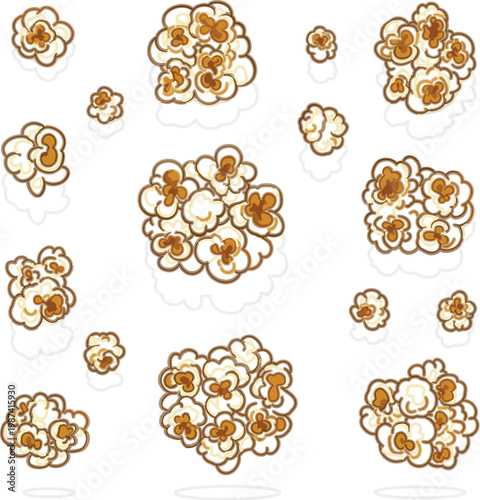 Floating popcorn pieces collection in hand drawn style, scattered snack elements with playful look, vector illustration for food themes, cinema, entertainment and design use