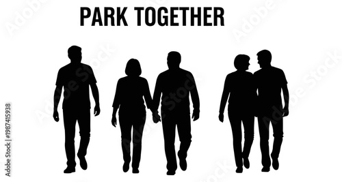 Silhouettes of couples holding hands walking together in a park during daytime