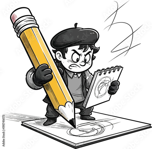 Artist holding a giant pencil creates a detailed sketch on a white surface.