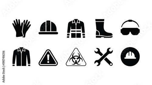 Collection of industrial safety and personal protective equipment icons for workplace safety and health awareness