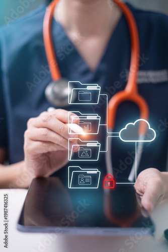 Electronic Health Records (EHR): A female doctor uses a tablet with a secure cloud database hologram.