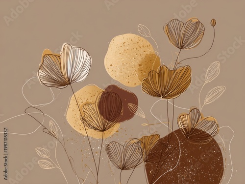 Hand-Drawn Abstract Floral Design with Organic Shapes in Earth Tones for Creative Projects