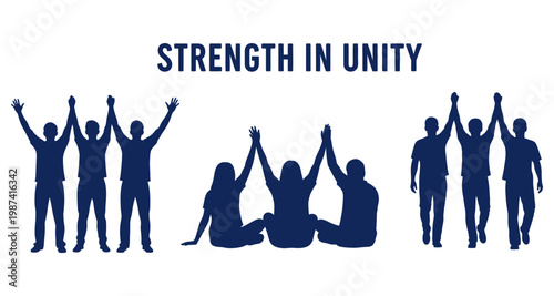 Silhouettes of diverse people in unity and celebration against a white background