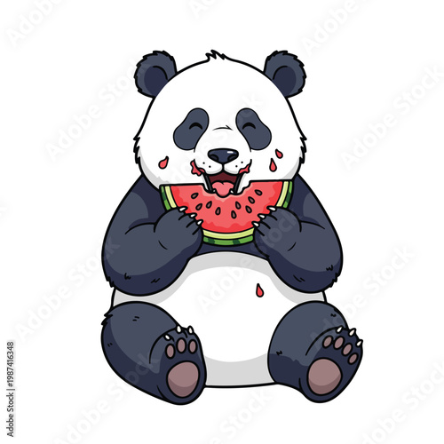 A cartoon panda bear happily eating a slice of watermelon, with juice drops on its face and paws, against a clean white background.