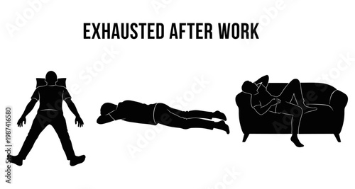 Silhouettes of exhausted people collapsing after work on white background