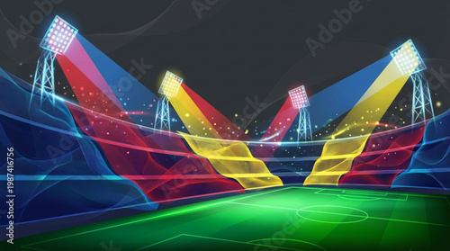 Colorful Stadium Lights on Green Field.