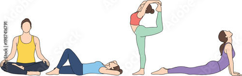 Set of Women Practicing Yoga Poses Collection with Meditation Stretching Balance and Flexibility Exercises in Minimal Flat Illustration Style