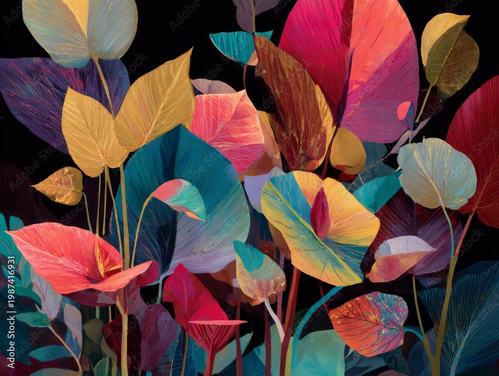 Naklejka premium Bold and Colorful Botanical Composition Featuring Vibrant Shapes and Contemporary Design