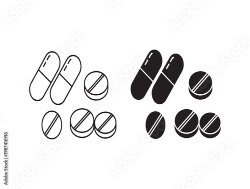 Pharmaceutical pills and capsules a black and white line art illustration
