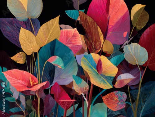 Bold and Colorful Botanical Composition Featuring Vibrant Shapes and Contemporary Design