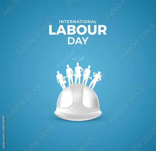 International Labour Day Concept with Safety Helmet and Workers Silhouette, Teamwork and Industry Illustration