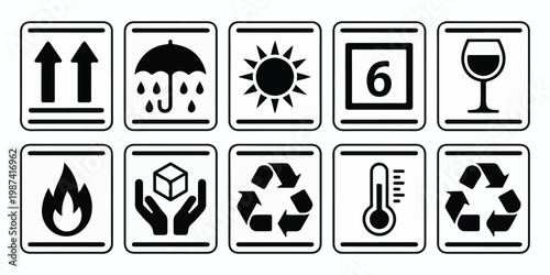 A set of universal black and white packaging symbols providing essential handling instructions for safe shipping, storage, and product care