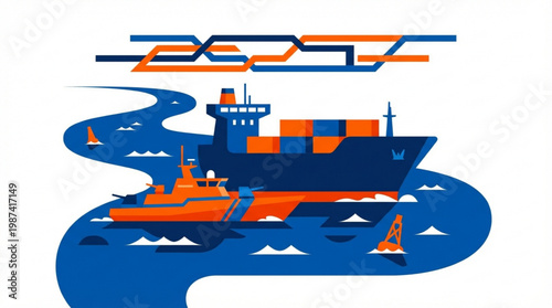 Large cargo ship sailing through ocean.