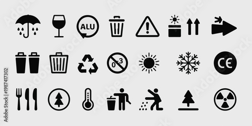 A set of 24 minimalist black and white icons representing packaging, shipping, and safety symbols.