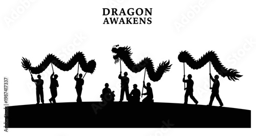 Silhouettes of people dancing with a dragon during a festival against a white background