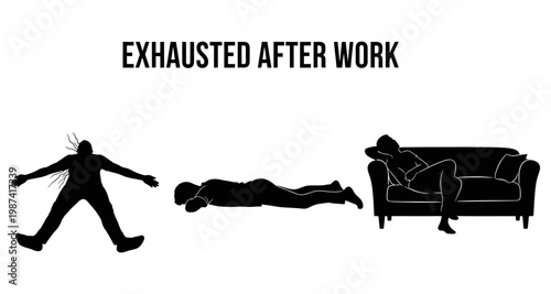 Silhouettes of people collapsing from exhaustion after work on a white background