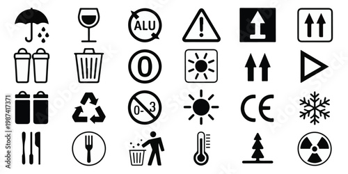 A set of 24 minimalist black and white icons representing packaging, shipping, and safety symbols.