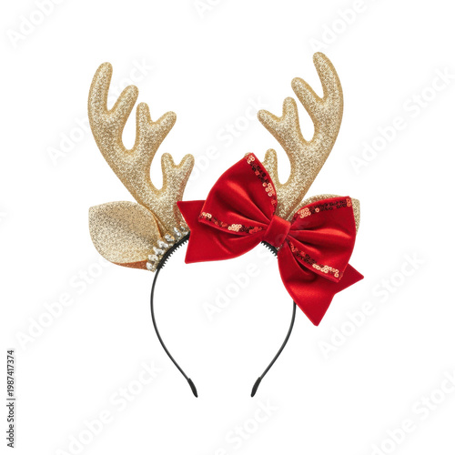 A professional studio shot of a novelty headband with oversized gold glitter antlers and a shimmering red velvet bow, transparent background. Concept of luxurious holiday cheer