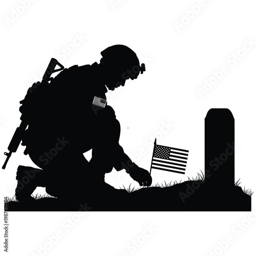 Soldier in silhouette kneeling at a grave with american flag