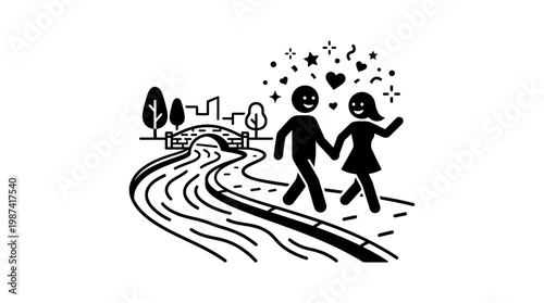Couple Walking Hand-in-Hand Along River Path with Cityscape and Bridge