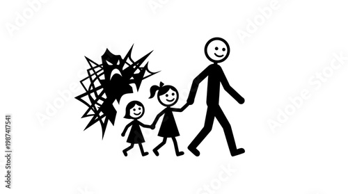 Family Walking Away From Scary Monster