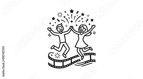 Couple Celebrating With Film Reel And Fireworks