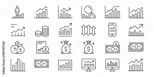 Comprehensive collection of modern line art icons illustrating financial growth, market analysis, business statistics, and investment trends, ideal for data visualization.