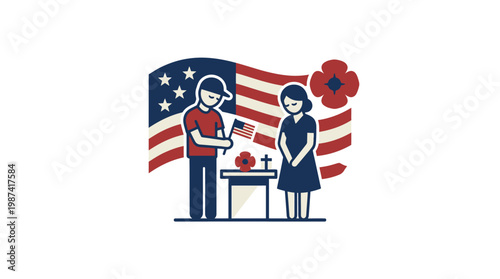 Remembering And Honoring Soldiers With American Flag And Poppies