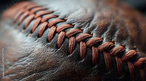 A baseball with a leathery texture and a red stitching