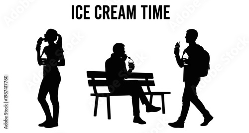 Silhouettes of people enjoying ice cream during summer leisure time