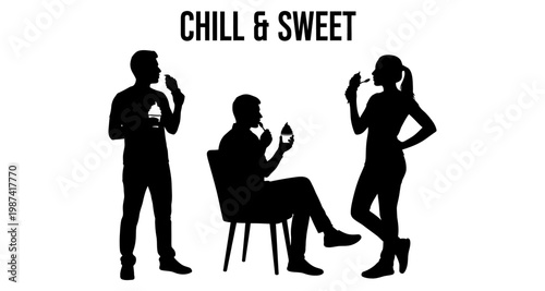 Silhouettes of people enjoying sweet treats with copy space for text