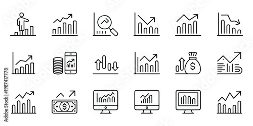Comprehensive collection of modern line art icons illustrating financial growth, market analysis, business statistics, and investment trends, ideal for data visualization
