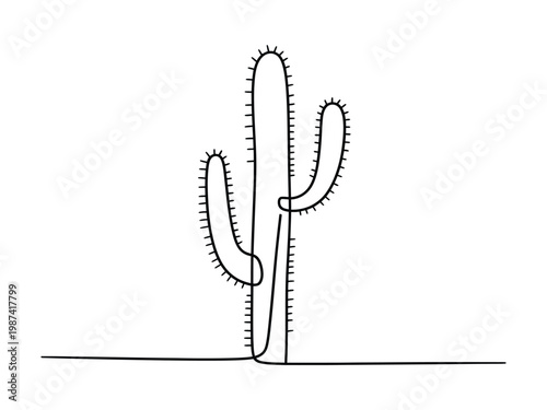 A line drawing of a prickly pear cactus with three arms  isolated on white background