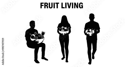 Silhouettes of people holding bowls of fresh fruit in a minimalist design